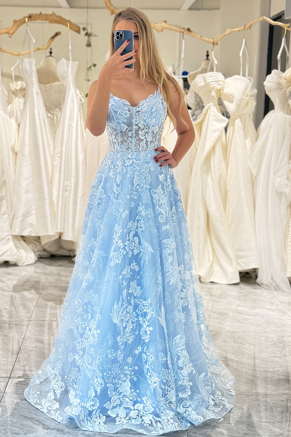 Sky Blue A Line Spaghetti Straps V Neck Tulle Long Corset Prom Dress With Appliques