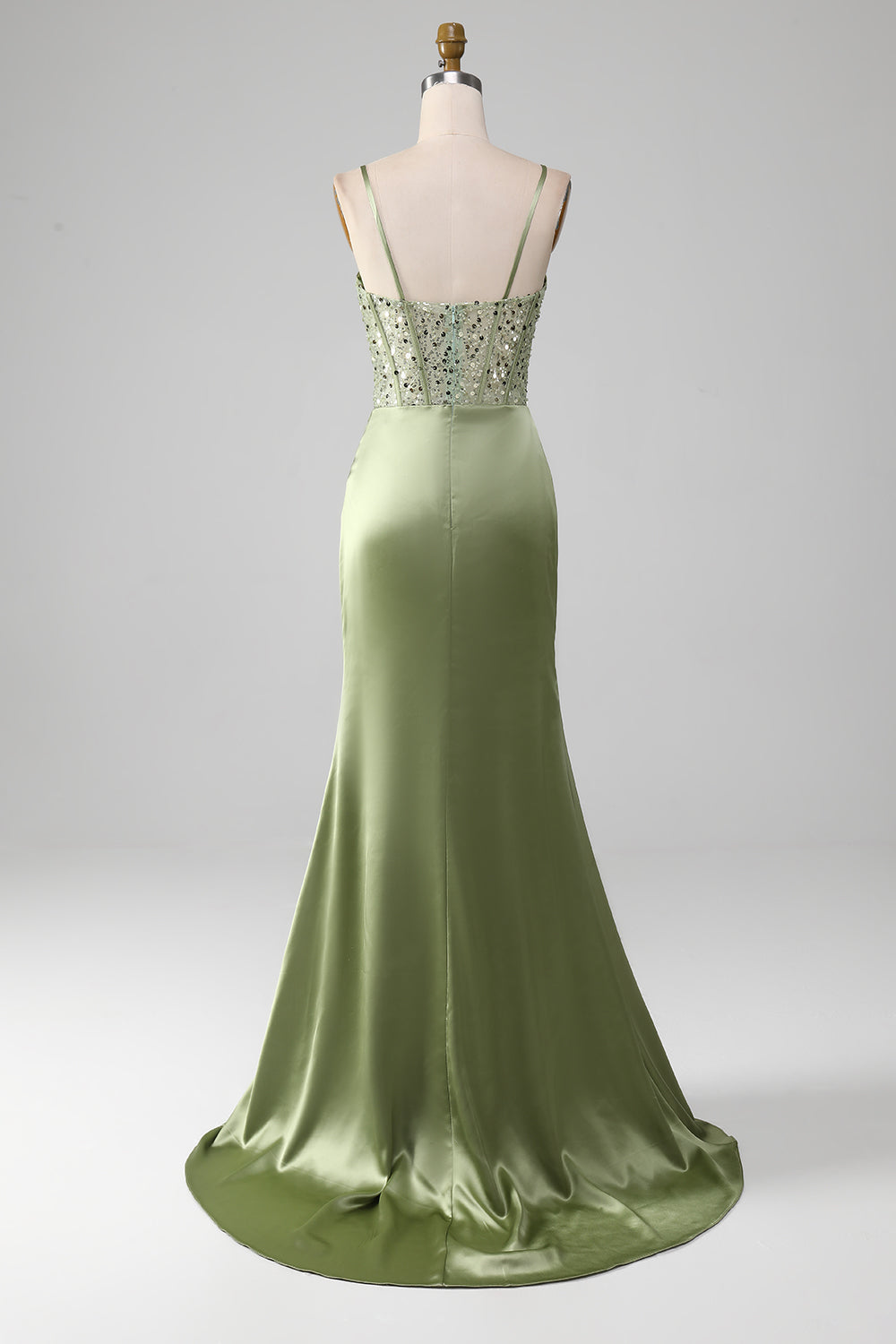 Sage Green Mermaid Sparkly Sequin Pleated Corset Satin Prom Dress