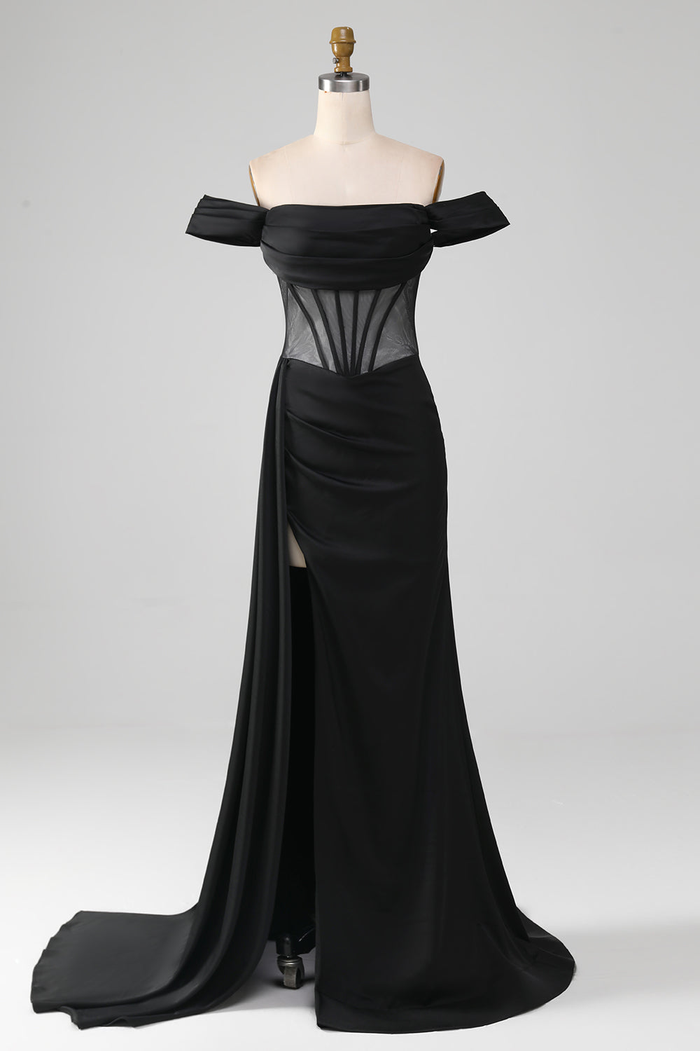 Black Off the Shoulder Corset Satin Mermaid Prom Dress with Slit