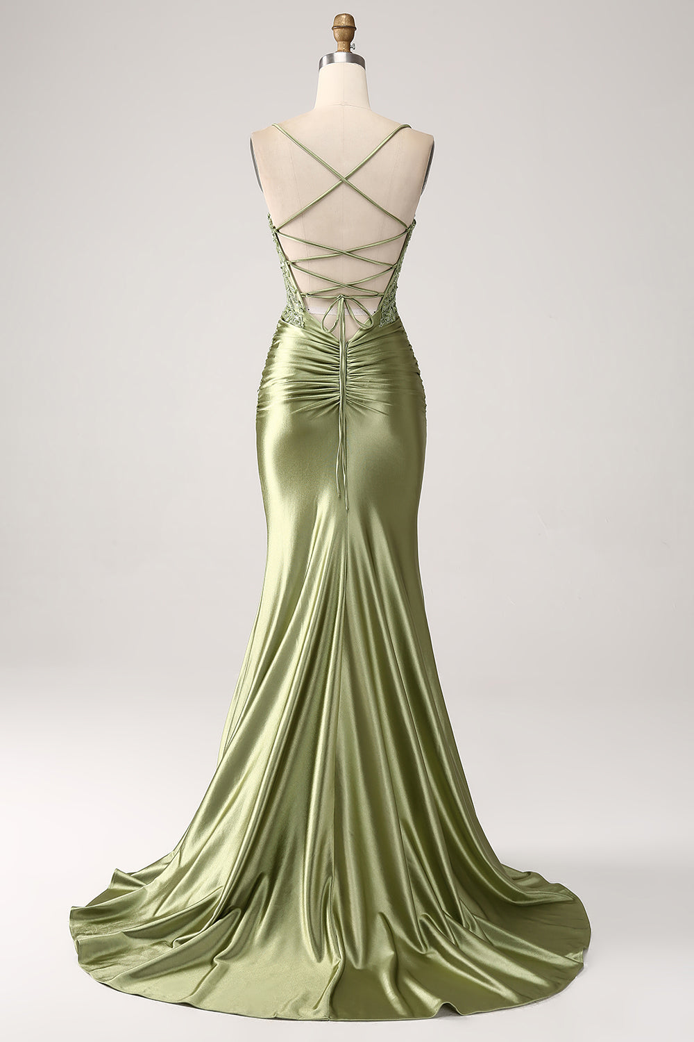 Sage Mermaid Spaghetti Straps Corset Sequin Lace-up Back Prom Dress With Slit