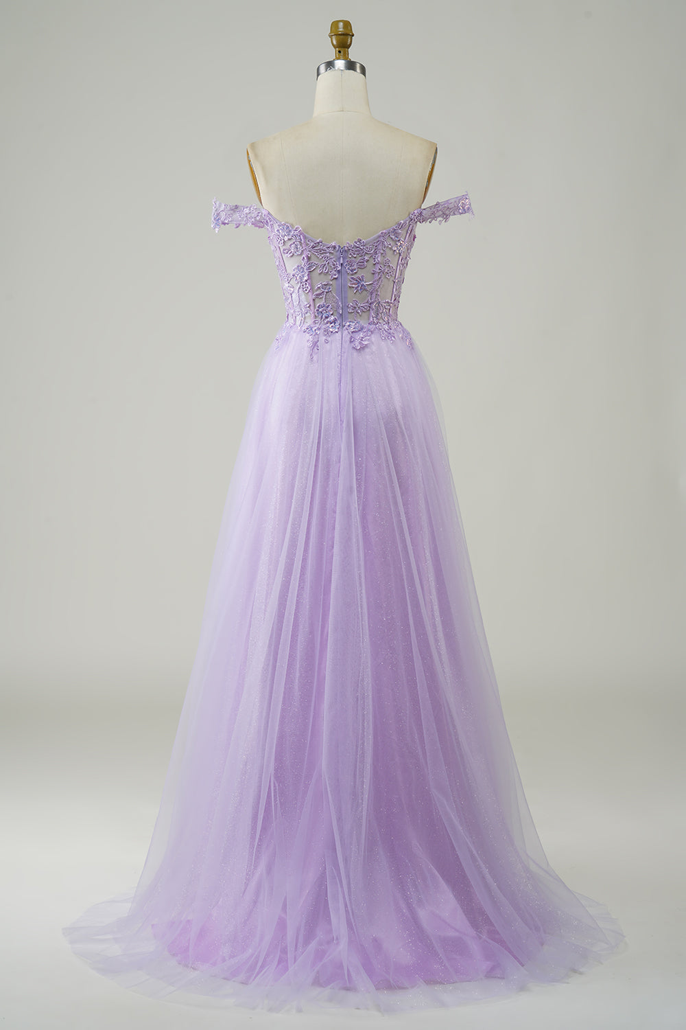 Purple A-Line Off The Shoulder Long Corset Tulle Prom Dress with Lace