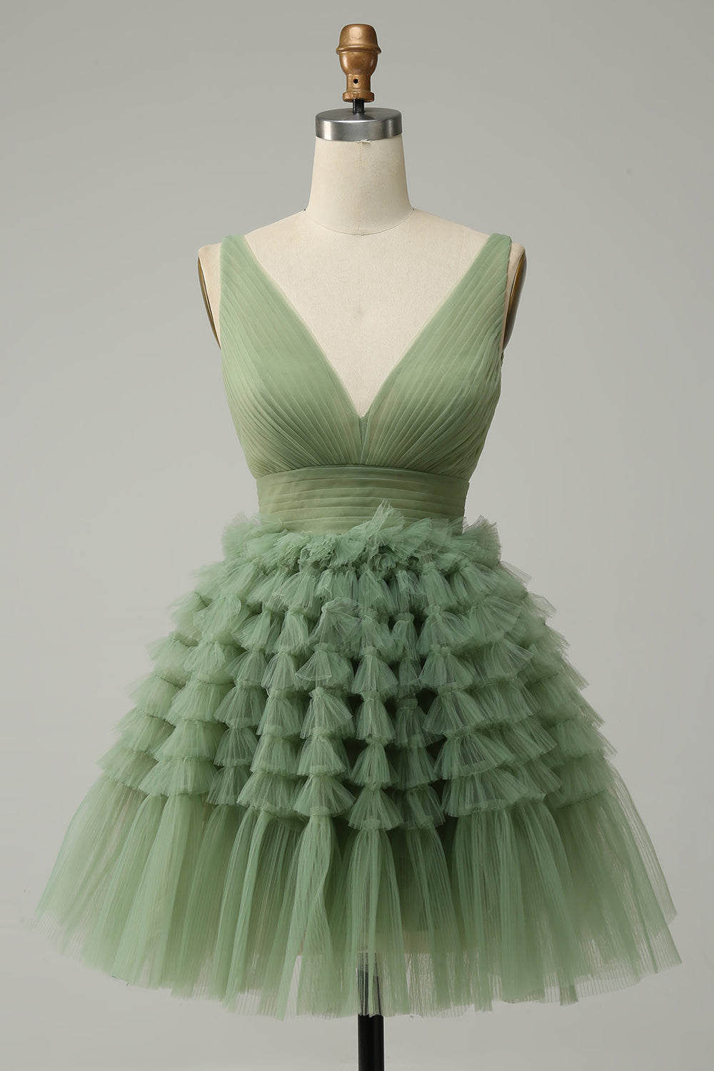 Green A Line V-Neck Short Tulle Homecoming Dress With Open Back