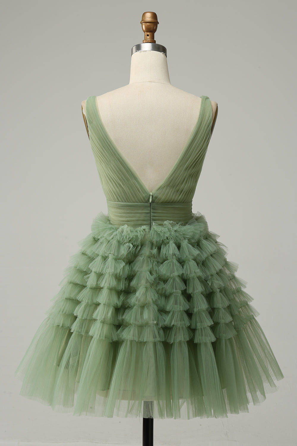 Green A Line V-Neck Short Tulle Homecoming Dress With Open Back