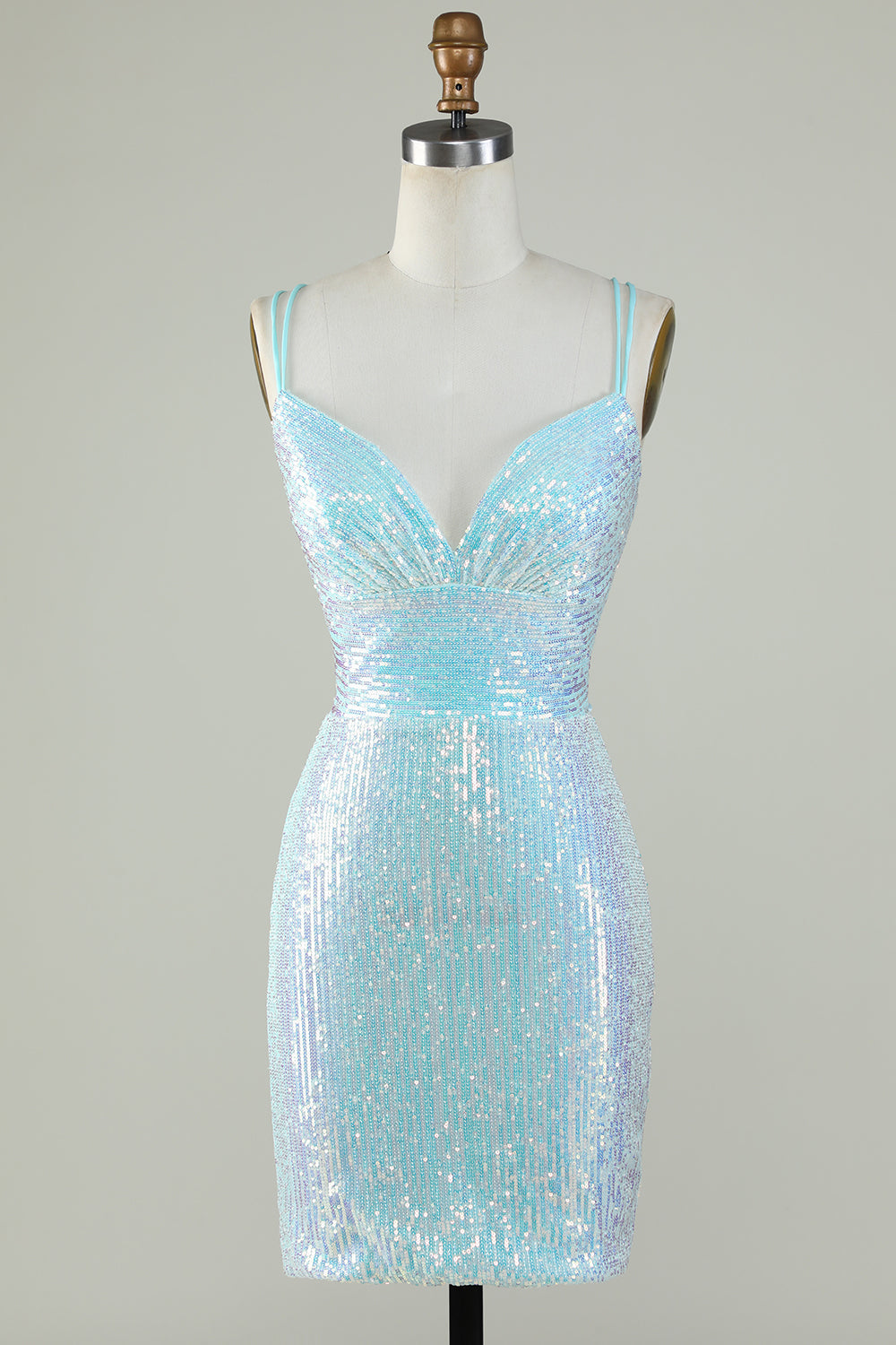 Sparkly Light Blue Sheath Sequins Short Homecoming Dress with Criss Cross Back