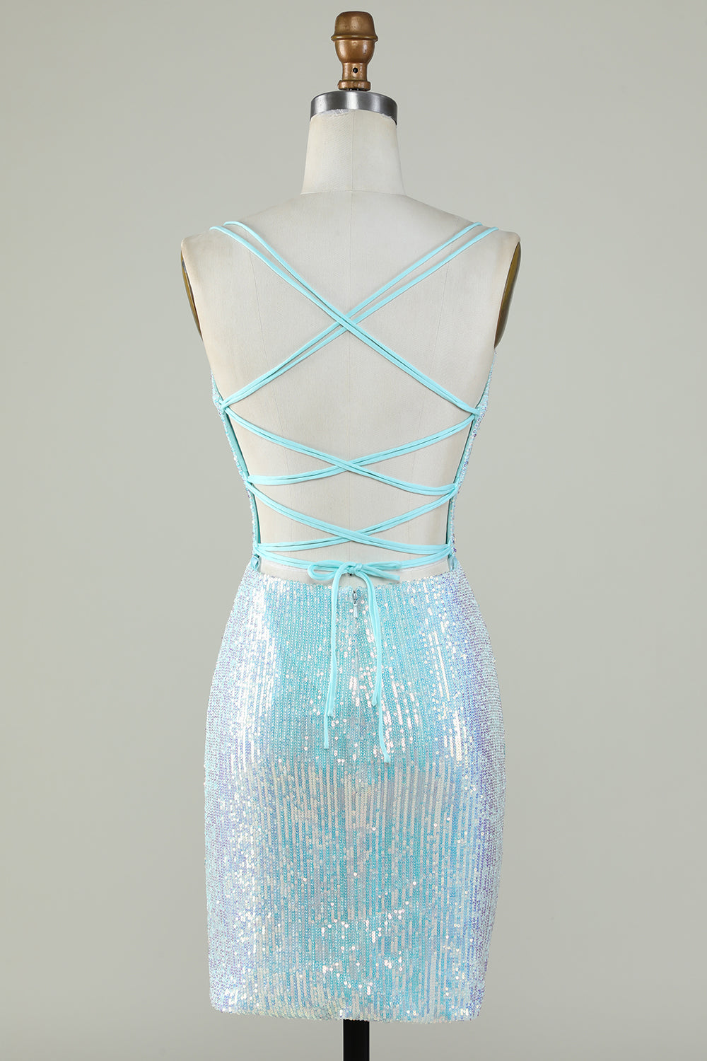 Sparkly Light Blue Sheath Sequins Short Homecoming Dress with Criss Cross Back