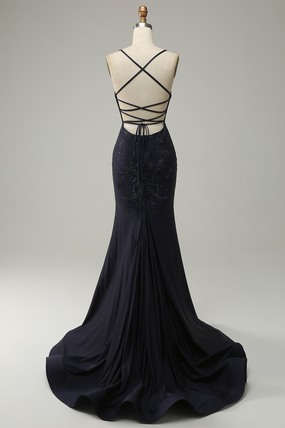 Navy Mermaid Spaghetti Straps Beaded Prom Dress with Split