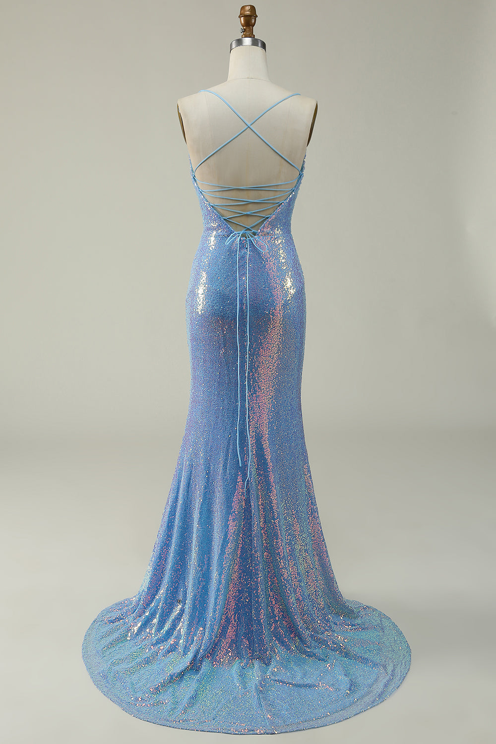 Blue Mermaid Sequined Spaghetti Straps Mermaid Prom Dress