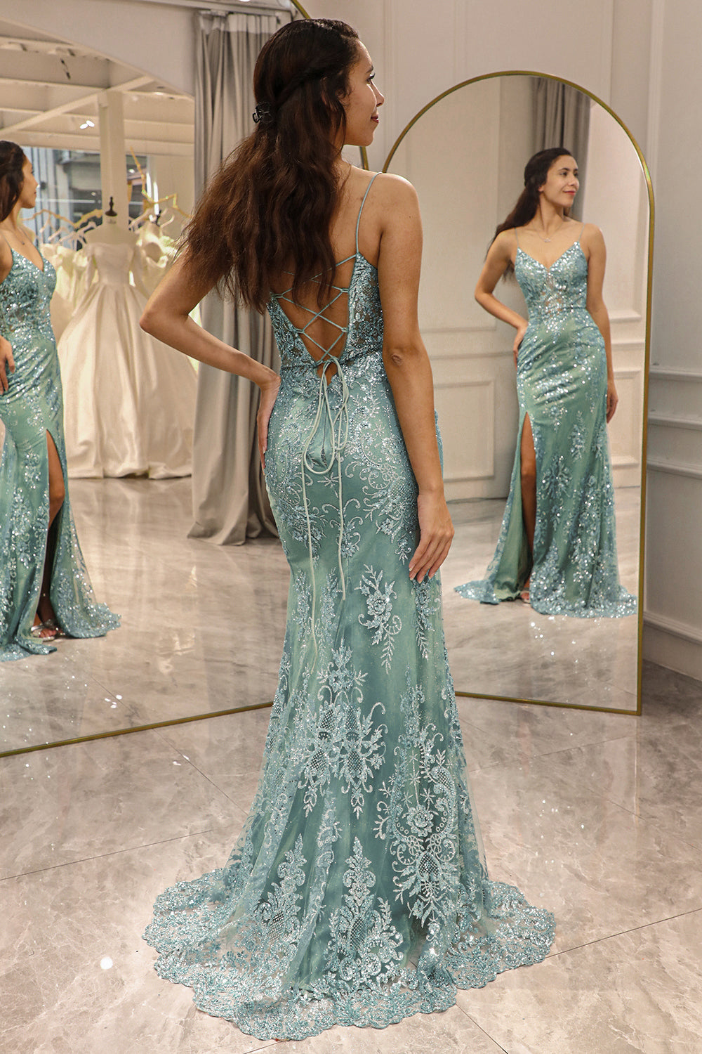 Sparkly Green Mermaid Spaghetti Straps Long Prom Dress With Slit