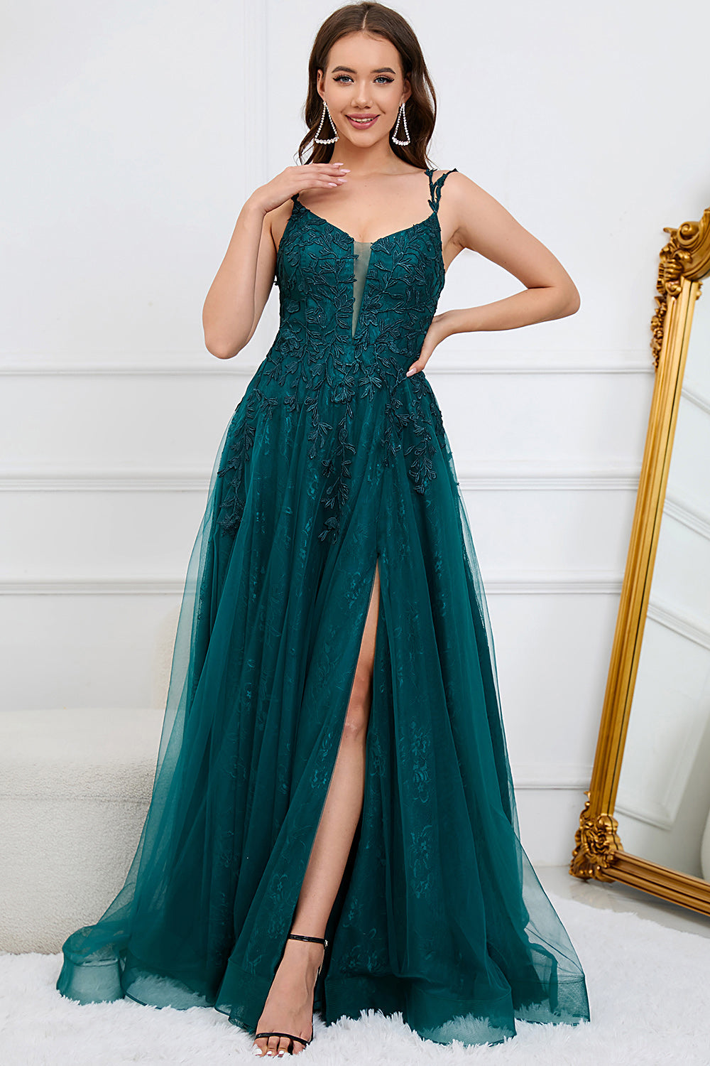 Dark Green A Line Spaghetti Straps Long Prom Dress with Appliques