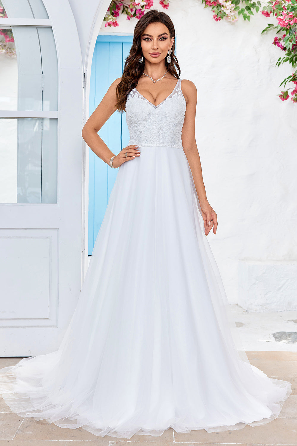 Ivory A Line Spaghetti Straps V-Neck Tulle Sweep Train Wedding Dress with Lace