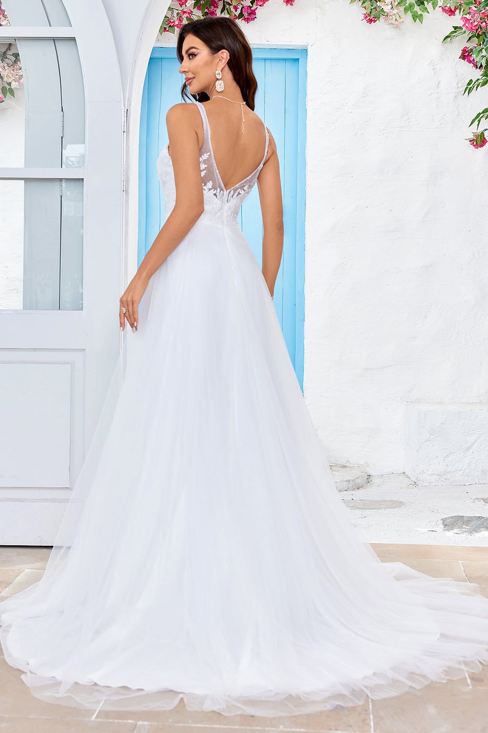 Ivory A Line Spaghetti Straps V-Neck Tulle Sweep Train Wedding Dress with Lace