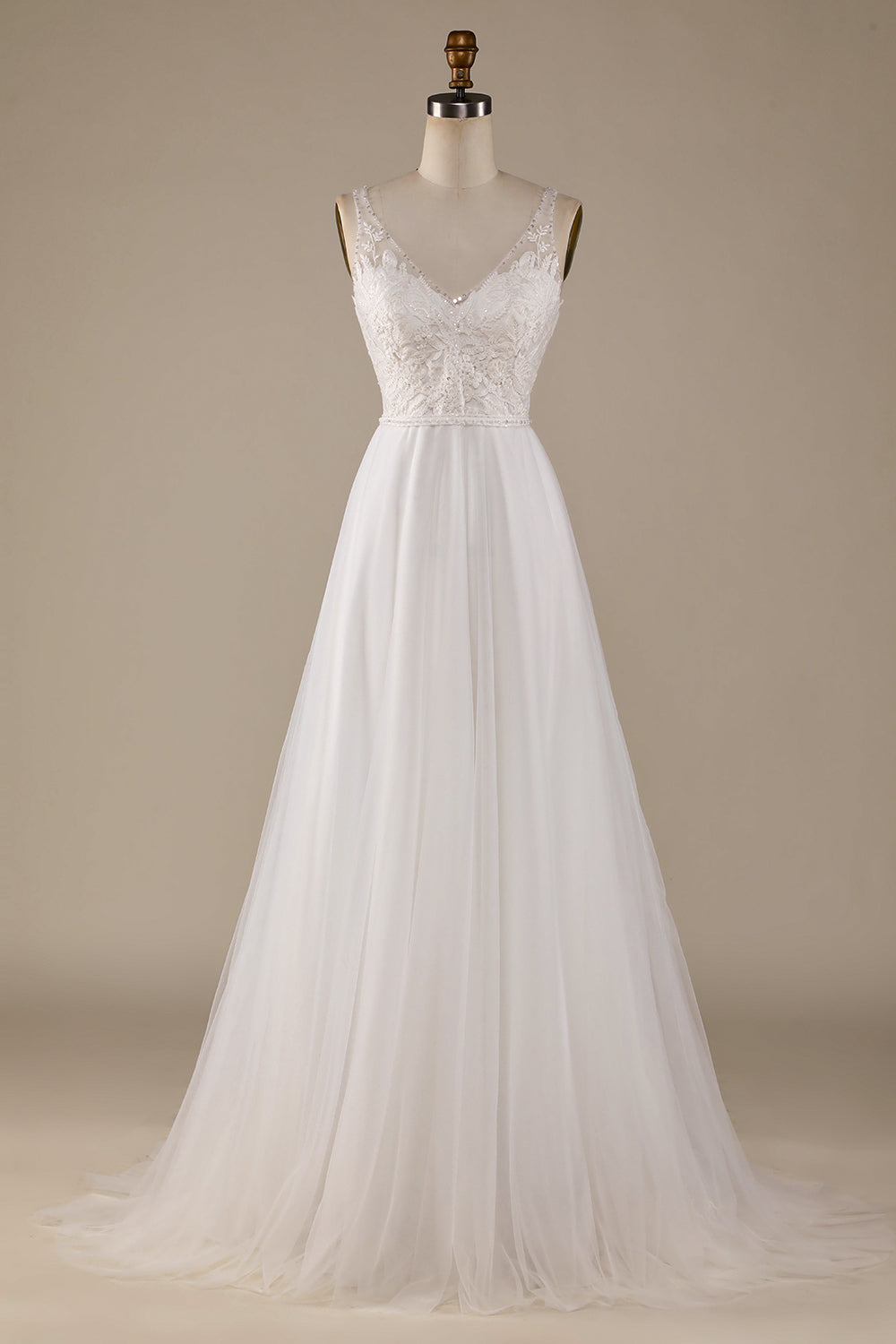 Ivory A Line V-Neck Tulle Sweep Train Wedding Dress with Lace