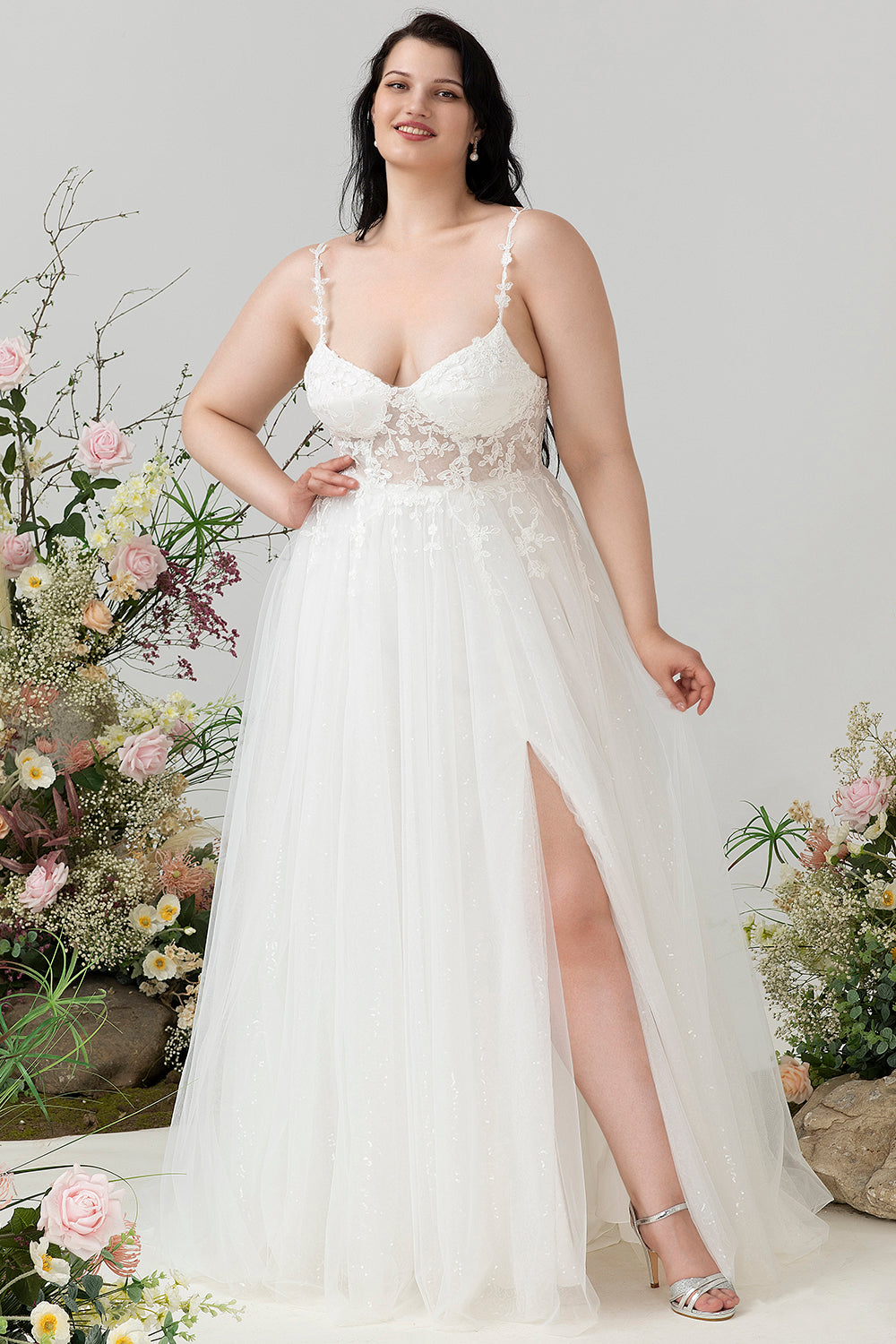 Ivory A Line Spaghetti Straps Lace & Tulle Floor-Length Dress with Slit