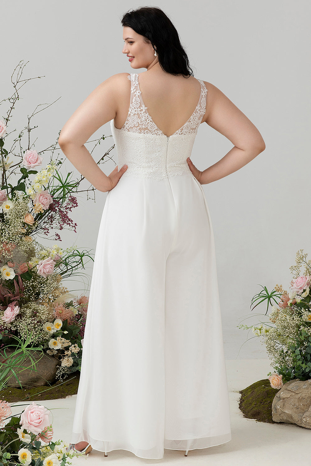 Ivory Spaghetti Straps Lace & Chiffon Jumpsuit/Pant Suit for Wedding Party