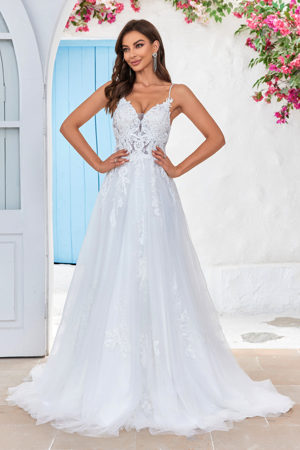 Ivory A-Line Tulle Criss-Cross Straps Back Wedding Dress