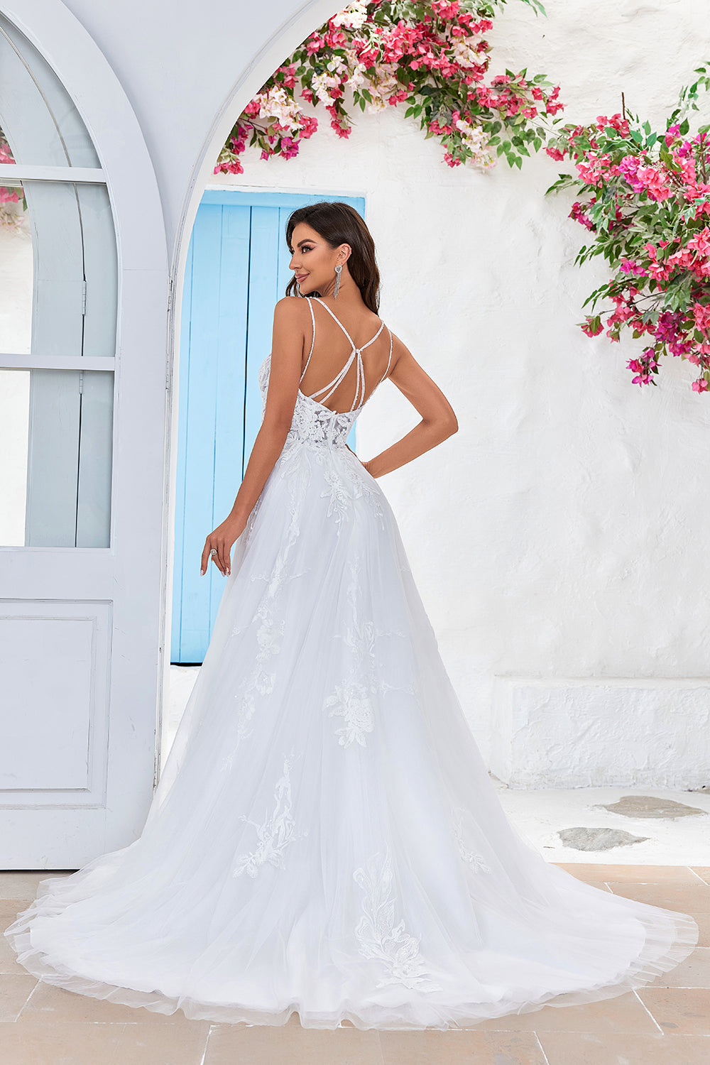 Ivory A-Line Tulle Criss-Cross Straps Back Wedding Dress