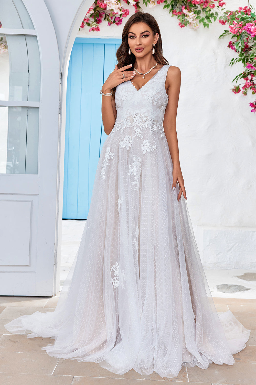 Ivory A Line Tulle Sweep Train Wedding Dress with Lace