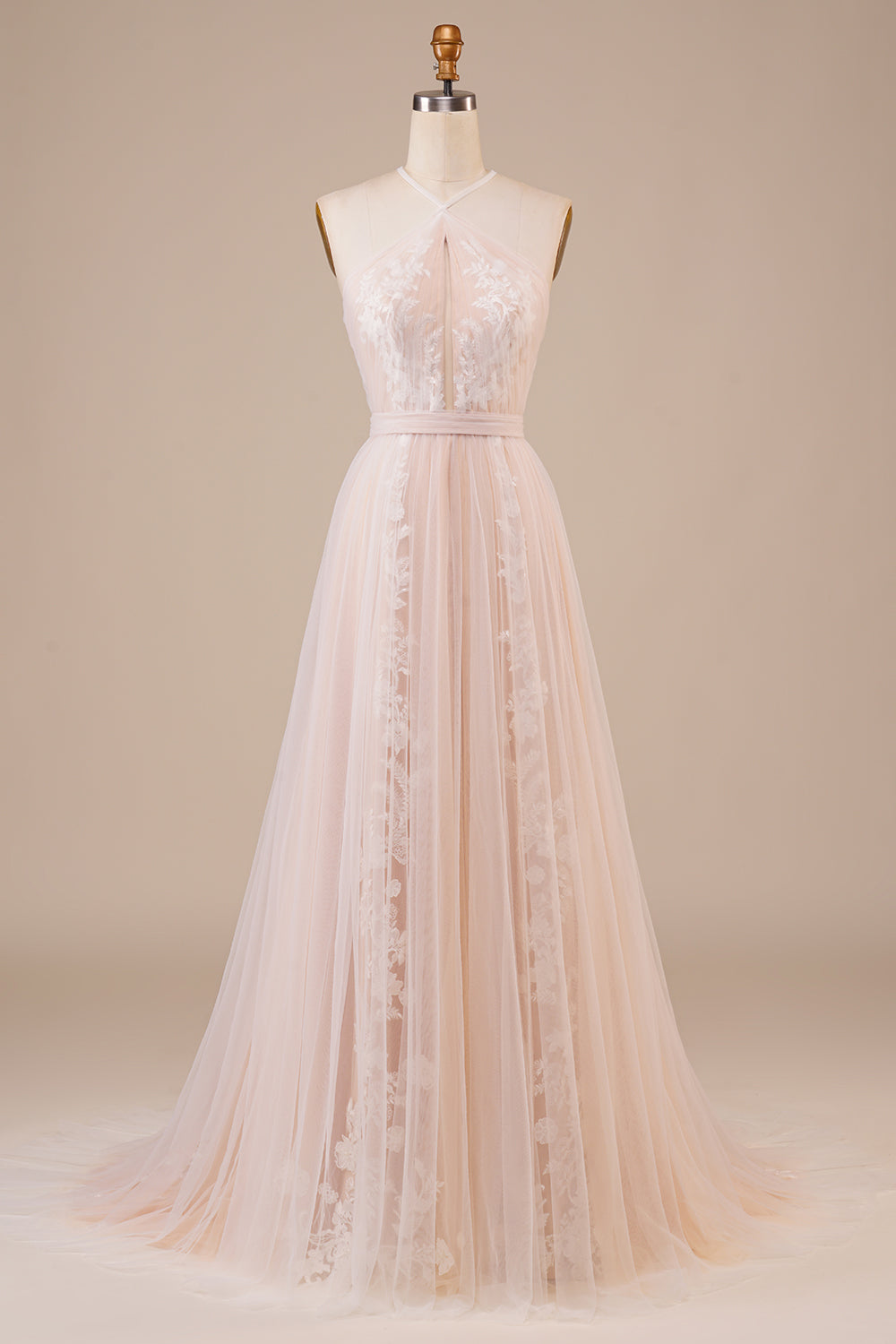 A Line Halter Sweep Train Tulle Wedding Dress with Lace