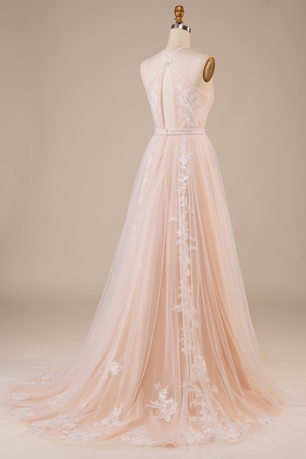 A Line Halter Sweep Train Tulle Wedding Dress with Lace