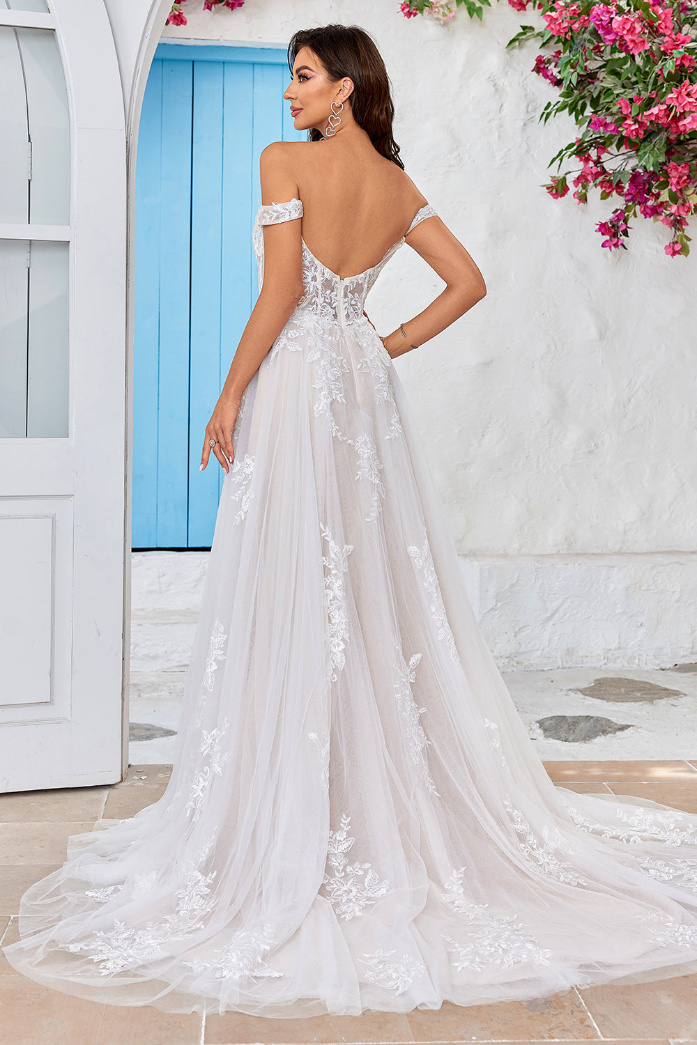 Ivory A Line Detachable Off the Shoulder Corset Tulle Wedding Dress With Lace