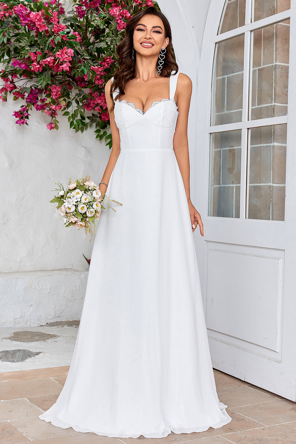 Ivory A Line Scoop Neck Chiffon Boho Wedding Dress with Lace